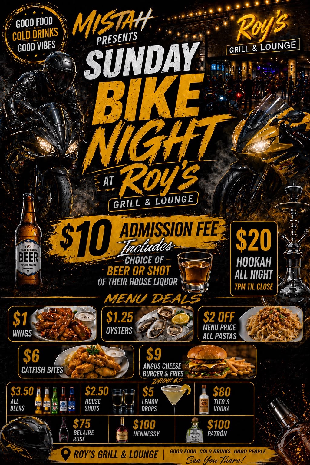 Sunday Bike Night at Roy's Grill and Lounge flyer